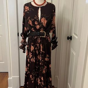 Johanna Ortiz x H&M Tiered Brown & Peach Floral Maxi Dress Long Sleeve EUC Sz M